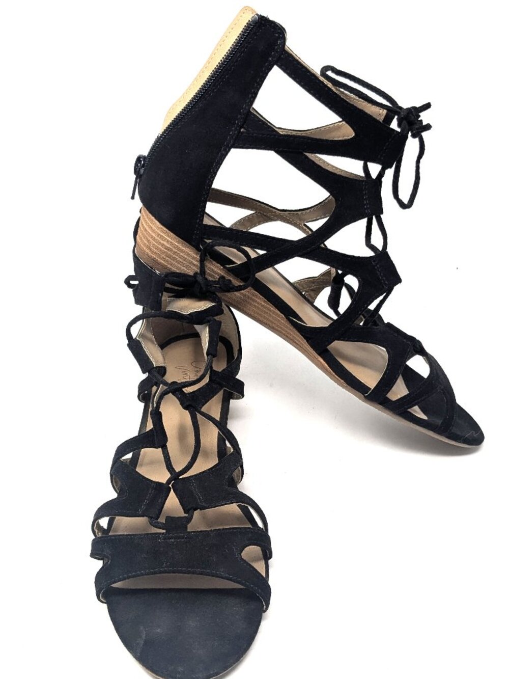 Crown Vintage Black Strappy Sandals Women’s 11M "Sage" Suede Wedge Back Zip heel